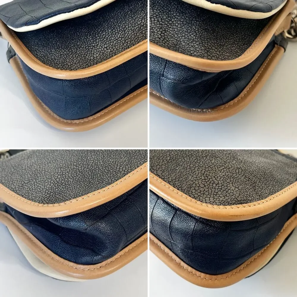 Longchamp More Is More Blue Croc Stingray Leather Chain Flap Shoulder Bag